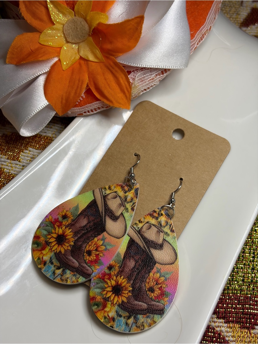 Sunflower Cowgirl Teardrop Earrings - Orange & Multicolor